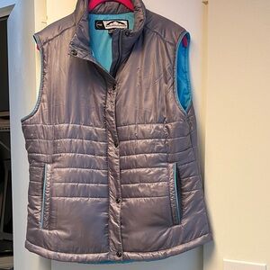 Gray Puffer Vest with Blue Lining.  Sun Mountain